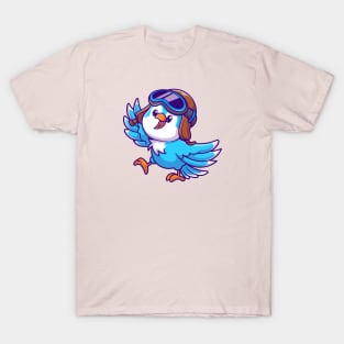 Cute Bird Waving Hand With Pilot Hat Cartoon T-Shirt